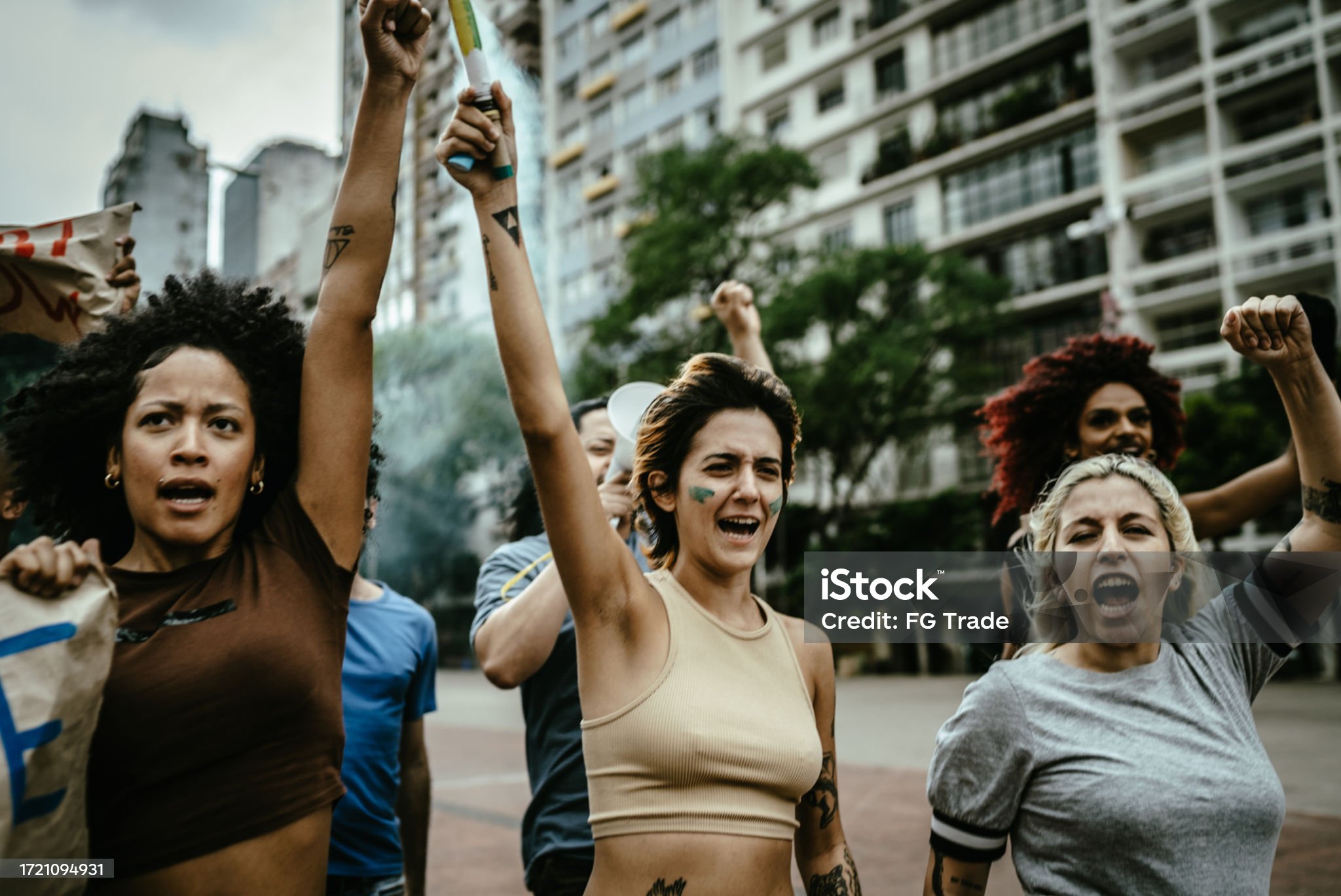 People during a protest at city street